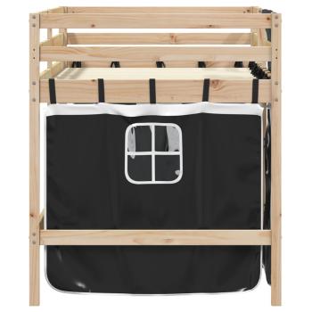 Kinderhochbett mit Vorhängen Weiß Schwarz 90x190 cm Kiefernholz