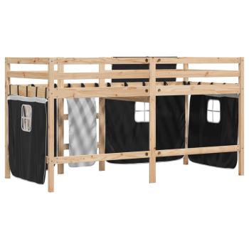 Kinderhochbett mit Vorhängen Weiß Schwarz 90x190 cm Kiefernholz