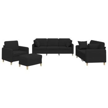 4-tlg. Sofagarnitur mit Kissen Schwarz Stoff