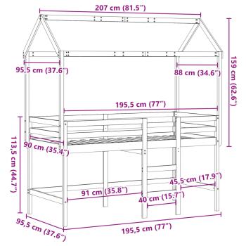 Hochbett mit Leiter und Dach 90x190 cm Massivholz Kiefer