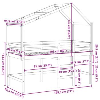 Hochbett mit Leiter und Dach 90x190 cm Massivholz Kiefer