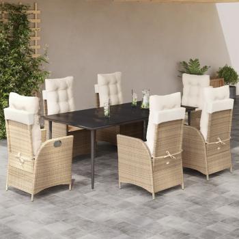 ARDEBO.de - 7-tlg. Garten-Essgruppe mit Kissen Beige Poly Rattan