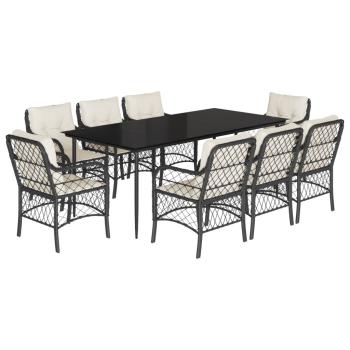 9-tlg. Garten-Essgruppe mit Kissen Schwarz Poly Rattan