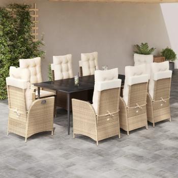 ARDEBO.de - 9-tlg. Garten-Essgruppe mit Kissen Beige Poly Rattan