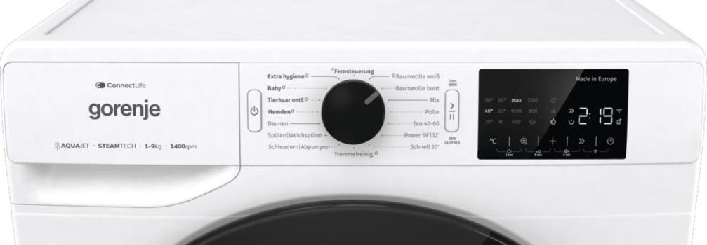 Gorenje WPNEI94DA1TS 9kg Frontlader Waschmaschine, 60 cm breit, 1400 U/Min, AquaStop, WLAN, 15 Programme, Kindersicherung, weiß