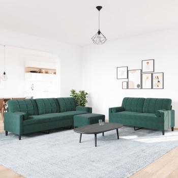 3-tlg. Sofagarnitur mit Kissen und Nackenrollen Dunkelgrün Samt