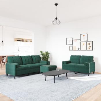 3-tlg. Sofagarnitur mit Kissen und Nackenrollen Dunkelgrün Samt
