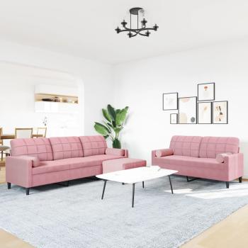 3-tlg. Sofagarnitur mit Kissen und Nackenrollen Rosa Samt