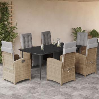 ARDEBO.de - 7-tlg. Garten-Essgruppe mit Kissen Beige Poly Rattan