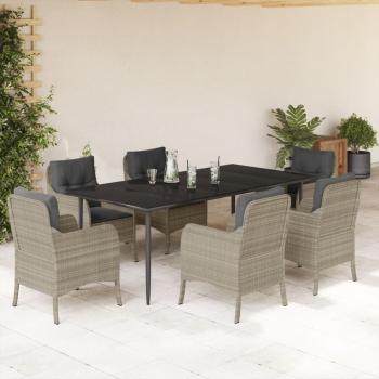 ARDEBO.de - 7-tlg. Garten-Essgruppe mit Kissen Hellgrau Poly Rattan