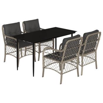 5-tlg. Garten-Essgruppe mit Kissen Hellgrau Poly Rattan