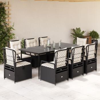 ARDEBO.de - 9-tlg. Garten-Essgruppe mit Kissen Schwarz Poly Rattan