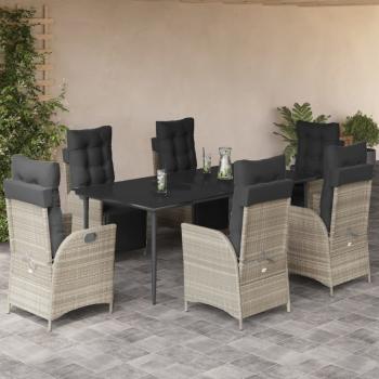 ARDEBO.de - 7-tlg. Garten-Essgruppe mit Kissen Hellgrau Poly Rattan
