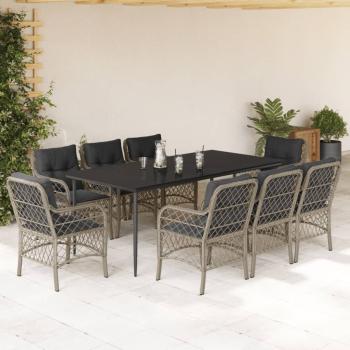 ARDEBO.de - 9-tlg. Garten-Essgruppe mit Kissen Hellgrau Poly Rattan