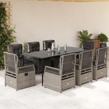 ARDEBO.de - 9-tlg. Garten-Essgruppe mit Kissen Hellgrau Poly Rattan