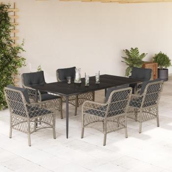 ARDEBO.de - 7-tlg. Garten-Essgruppe mit Kissen Hellgrau Poly Rattan