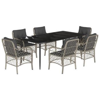 7-tlg. Garten-Essgruppe mit Kissen Hellgrau Poly Rattan
