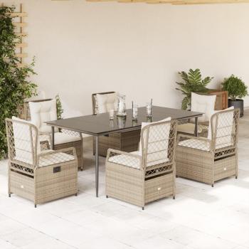 ARDEBO.de - 7-tlg. Garten-Essgruppe mit Kissen Beige Poly Rattan