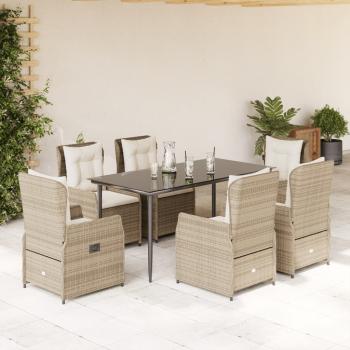 ARDEBO.de - 7-tlg. Garten-Essgruppe mit Kissen Beige Poly Rattan