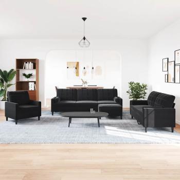 4-tlg. Sofagarnitur mit Kissen und Nackenrollen Schwarz Samt
