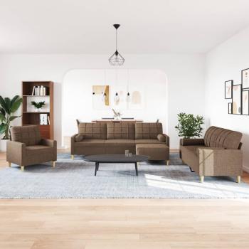 4-tlg. Sofagarnitur mit Fußhocker & Dekokissen Braun Stoff