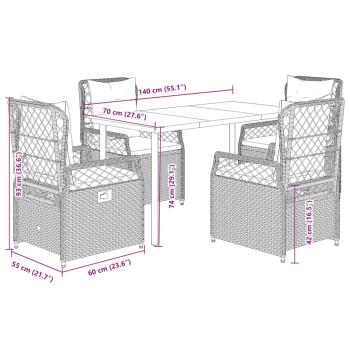 5-tlg. Garten-Essgruppe mit Kissen Grau Poly Rattan