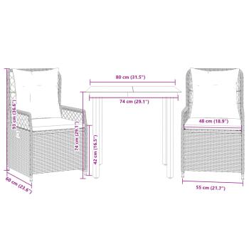 3-tlg. Garten-Essgruppe mit Kissen Grau Poly Rattan