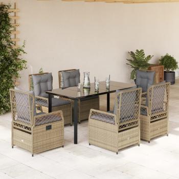 ARDEBO.de - 7-tlg. Garten-Essgruppe mit Kissen Beige Poly Rattan