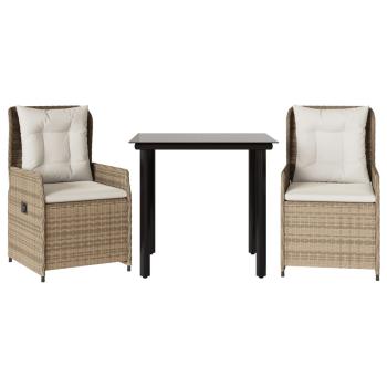 3-tlg. Garten-Essgruppe mit Kissen Beige Poly Rattan