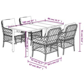5-tlg. Garten-Essgruppe mit Kissen Hellgrau Poly Rattan