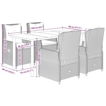 5-tlg. Garten-Essgruppe mit Kissen Braun Poly Rattan