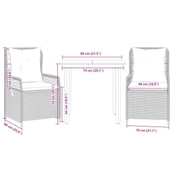 3-tlg. Garten-Essgruppe mit Kissen Braun Poly Rattan