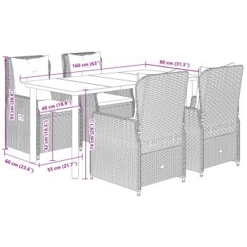 5-tlg. Garten-Essgruppe mit Kissen Hellgrau Poly Rattan