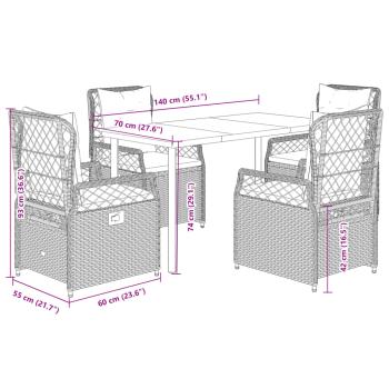 5-tlg. Garten-Essgruppe mit Kissen Braun Poly Rattan