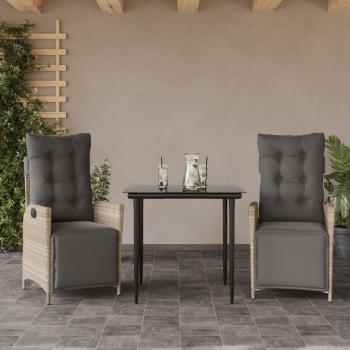 ARDEBO.de - 3-tlg. Garten-Essgruppe mit Kissen Hellgrau Poly Rattan