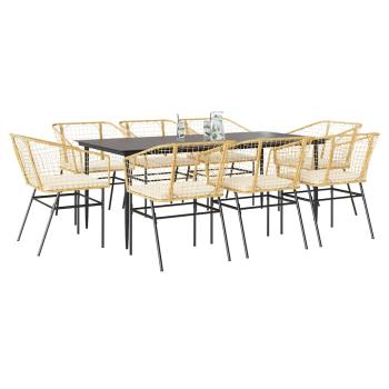 ARDEBO.de - 9-tlg. Garten-Essgruppe mit Kissen Braun Poly Rattan Glas