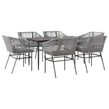 ARDEBO.de - 7-tlg. Garten-Essgruppe mit Kissen Grau Poly Rattan Glas