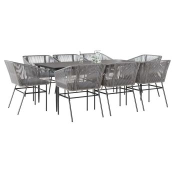 ARDEBO.de - 9-tlg. Garten-Essgruppe mit Kissen Grau Poly Rattan Glas
