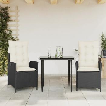 ARDEBO.de - 3-tlg. Garten-Essgruppe mit Kissen Schwarz Poly Rattan