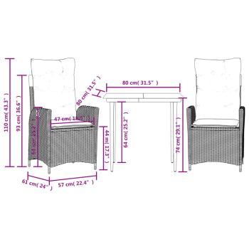 3-tlg. Garten-Essgruppe mit Kissen Schwarz Poly Rattan