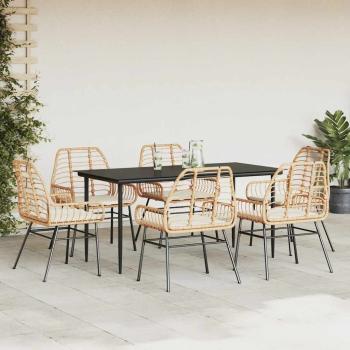 7-tlg. Garten-Essgruppe mit Kissen Braun Poly Rattan Glas