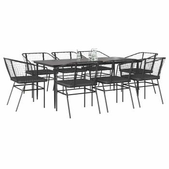 ARDEBO.de - 9-tlg. Garten-Essgruppe mit Kissen Schwarz Poly Rattan Glas