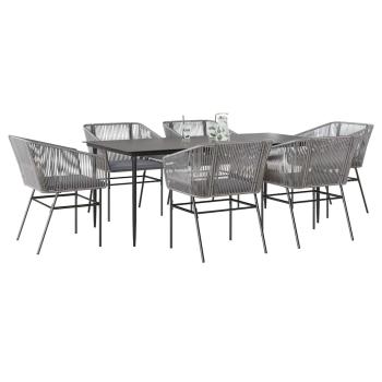 ARDEBO.de - 7-tlg. Garten-Essgruppe mit Kissen Grau Poly Rattan Glas