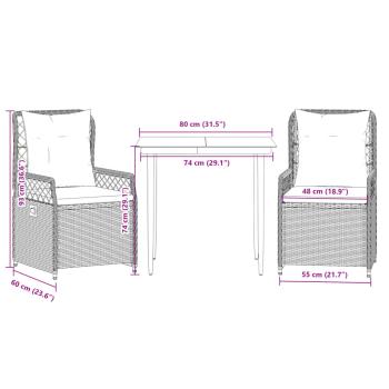 3-tlg. Garten-Essgruppe mit Kissen Grau Poly Rattan