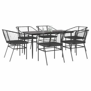 ARDEBO.de - 7-tlg. Garten-Essgruppe mit Kissen Schwarz Poly Rattan Glas