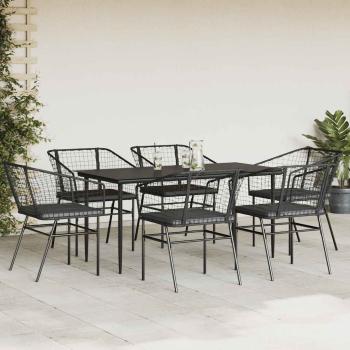 7-tlg. Garten-Essgruppe mit Kissen Schwarz Poly Rattan Glas