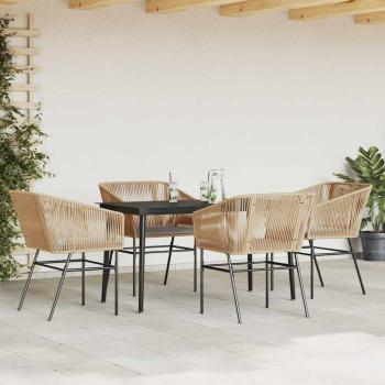 5-tlg. Garten-Essgruppe mit Kissen Braun Poly Rattan Glas
