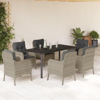 ARDEBO.de - 7-tlg. Garten-Essgruppe mit Kissen Hellgrau Poly Rattan