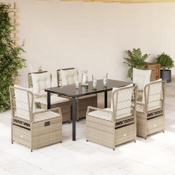 ARDEBO.de - 7-tlg. Garten-Essgruppe mit Kissen Beige Poly Rattan