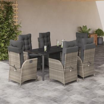 ARDEBO.de - 7-tlg. Garten-Essgruppe mit Kissen Hellgrau Poly Rattan